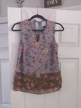 cabi Floral Stripe Sleeveless Top in White/Brown Tie Back Lined Size XS EUC